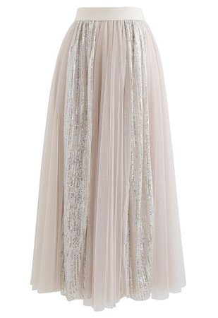 Chic Wish Shimmer Sequin Panelled Tulle Maxi Skirt in Cream - Retro, Indie and Unique Fashion