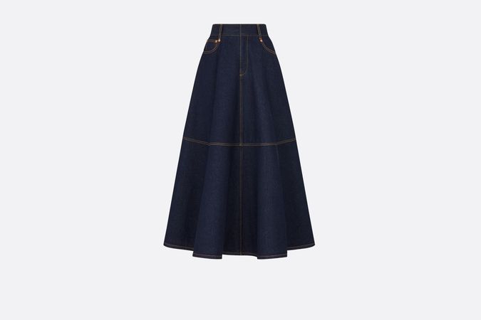 Flared Mid-Length Skirt Blue Raw Cotton Denim | DIOR