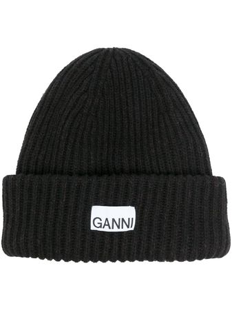 GANNI logo-patch ribbed-knit Beanie - Farfetch