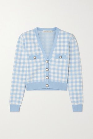 Button-embellished Gingham Knitted Cardigan - Light blue
