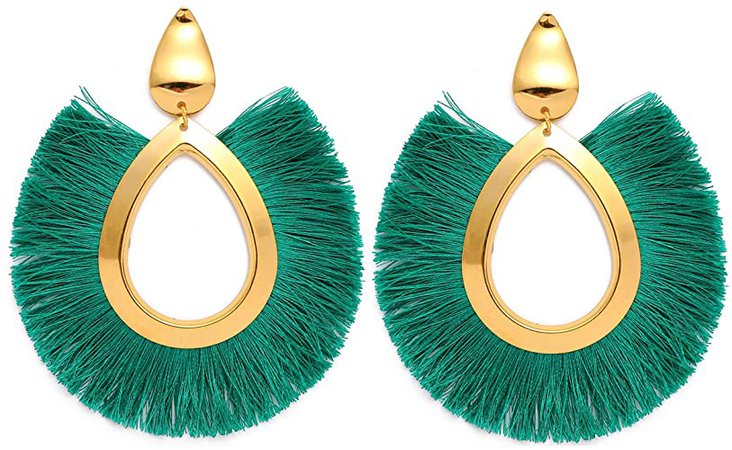 Amazon.com: MOOCHI Deep Green Women's Bohemian Tassel Hanging Fringe Fashion Oval Vintage Earrings: Jewelry