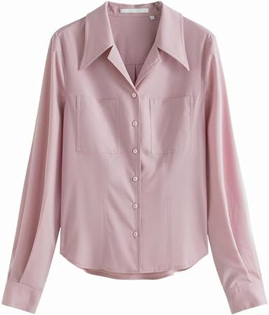 Amazon.com: Women's Double Pocket Straight Blouse Pink Spring Notched Neck Shirt Top : Sports & Outdoors