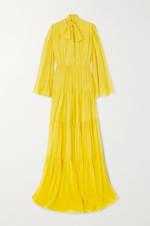 Yellow Pussy-bow tiered pintucked silk-georgette gown | Giambattista Valli | NET-A-PORTER