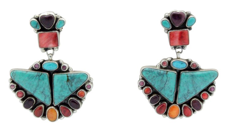 Vernon & Clarissa Hale Navajo Handmade Turquoise And Purple, Red, And Orange Spiny Oyster Shell Earrings