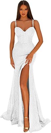 Sequin Prom Dresses Long Ball Gown for Women Mermaid V Neck Backless Glitter Formal Evening Dress with Slit at Amazon Women’s Clothing store