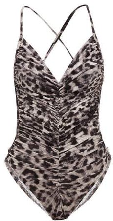 Butterfly Mio Leopard Print Ruched Swimsuit - Womens - Grey Print