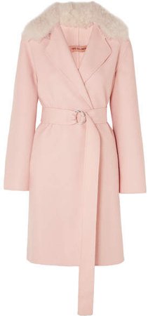 Belted Shearling-trimmed Wool And Cotton-blend Coat - Blush