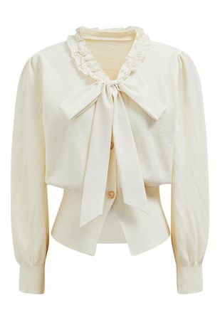 Ruffle Tie-Bow Wool-Blend Buttoned Top in Cream - Retro, Indie and Unique Fashion