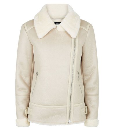 Cream Leather-Look Aviator Jacket | New Look