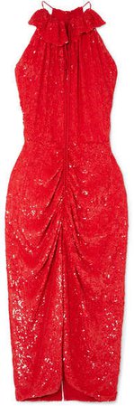 Hilo Ruched Sequined Chiffon Midi Dress - Red