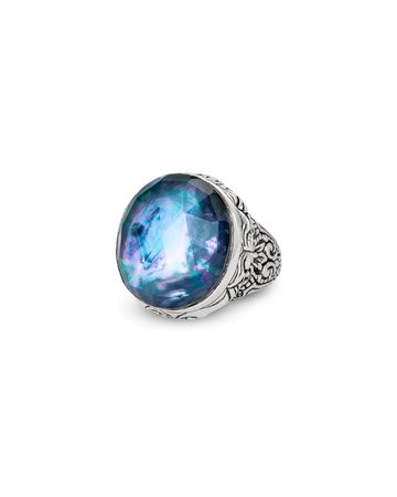 Stephen Dweck Markie Engraved Blue Quartz/Mother-of-Pearl/Black Agate Ring, Size 7 | Neiman Marcus