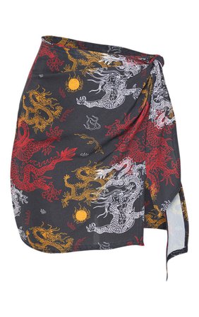 Black Woven Oriental Print Wrap Mini Skirt | PrettyLittleThing USA