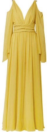 Dundas - Cold-shoulder Gathered Silk-georgette Gown - Chartreuse