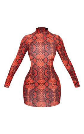 *clipped by @luci-her* Red Snake Print High Neck Long Sleeve Bodycon Dress | PrettyLittleThing
