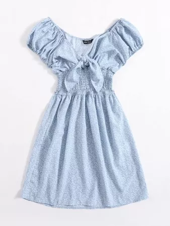 blue Knot Front Shirred Waist Allover Print Dress | SHEIN USA