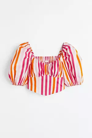 Puff-sleeved Cotton Blouse - Cerise/striped - Ladies | H&M US