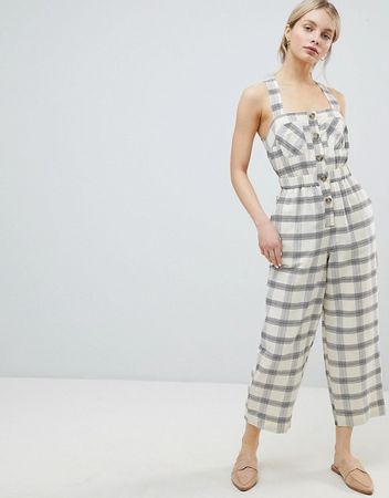 ASOS DESIGN Jumpsuit With Elasticated Waist And Button Detail In Check | ASOS