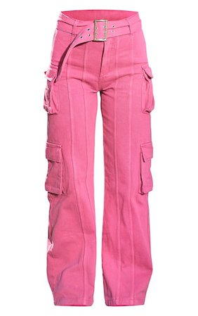 Hot Pink Belted Wide Leg Cargo Jeans | Denim | PrettyLittleThing USA