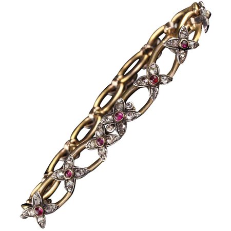 Antique Victorian 18 Karat Gold and Silver Rose Cut Diamond and Ruby Bracelet For Sale at 1stDibs