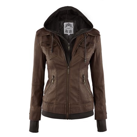 Made by Johnny - MBJ WJC664 Womens Faux Leather Jacket with Hoodie L COFFEE - Walmart.com