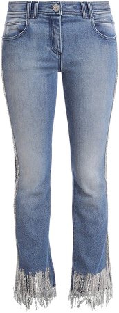 Sequined Fringed Rigid Mid-Rise Straight-Leg Jeans