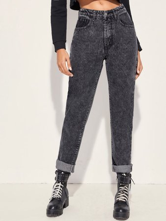Back To School Sale | Acid Wash Rolled Mom Jeans | ROMWE USA