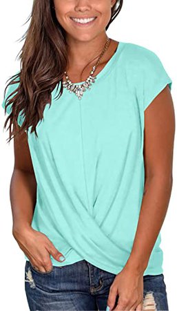 Jescakoo Women's Short Sleeve Round Neck T Shirt Front Twist Tunic Tops Casual Loose Fitted at Amazon Women’s Clothing store