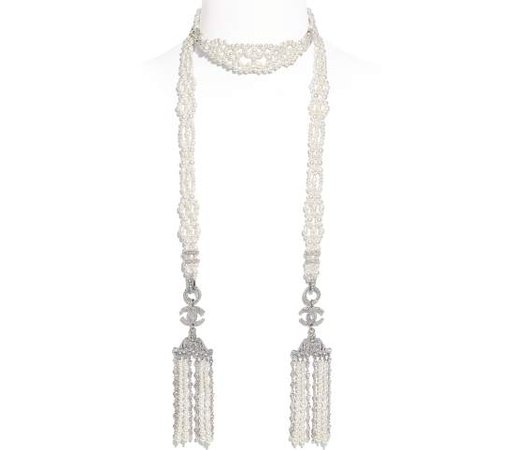 Necklace, metal, cultured freshwater pearls, glass pearls & strass, silver, pearly white & crystal - CHANEL