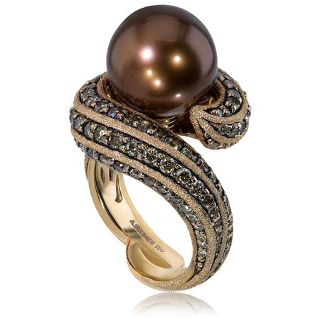 Gold Twist Ring With Chocolate Pearl & Diamonds