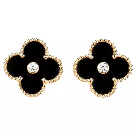 Van Cleef and Arpels Vintage Alhambra Limited Edition Onyx Diamond Gold Earrings For Sale at 1stDibs