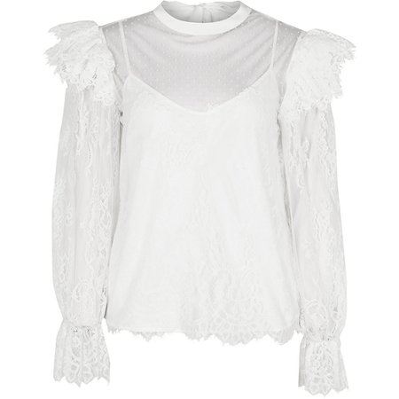 White lace sheer frill blouse top | River Island