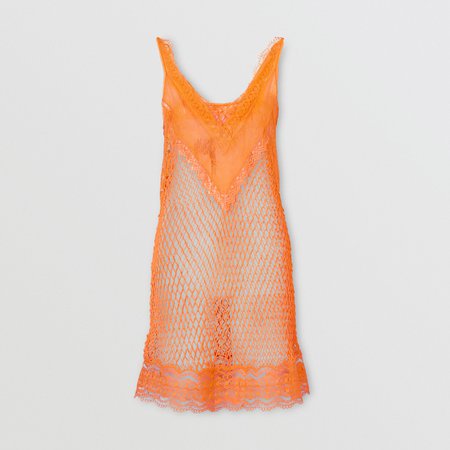 Fishnet and Lace Dress with Silk Slip in Amber Orange - Women | Burberry United States