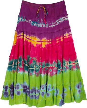 Tie Dye Cocktail Tiered Rayon Multicolored Skirt | Clearance | Multicoloured | Tiered-Skirt, Vacation, Beach, Tie-Dye, Sale|18.99|
