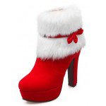 Red White Suede Ankle Fur Bow Platforms High Heels Boots