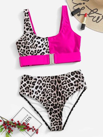 Contrast Leopard Buckle Waist Bikini Swimsuit | SHEIN USA