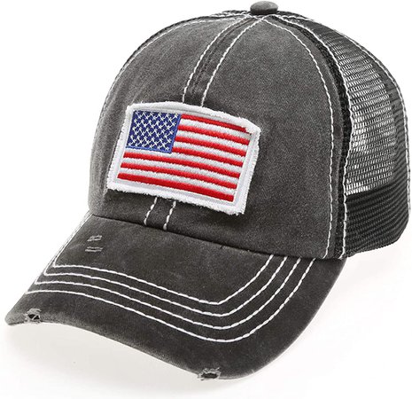 MIRMARU Women’s Baseball Caps Distressed Vintage Patch Washed Cotton Low Profile Embroidered Mesh Snapback Trucker Hat (USA Flag, Black) at Amazon Women’s Clothing store