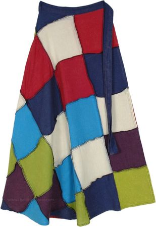 Multicolored Cotton Patchwork Long Wrap Around Skirt | Multicoloured | Wrap-Around-Skirt, Patchwork, Bohemian, Handmade