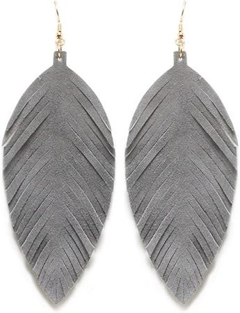 Amazon.com: Large Genuine Soft Leather Handmade Fringe Feather Lightweight Tear Drop Dangle Color Earrings for Women Girls Fashion (GREY): Clothing, Shoes & Jewelry