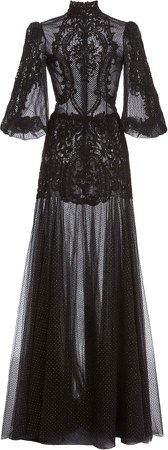 Costarellos Avellana Lace-Detailed Glittered Tulle Puff-Sleeve Gown