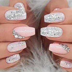 Silver Pink Glitter Nails