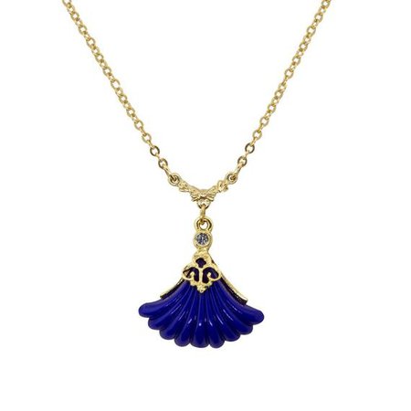 Gold Tone Blue Fan Drop Necklace