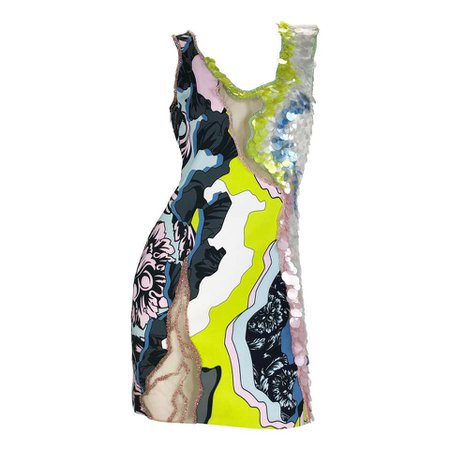 Sold Out Everywhere Versace Embellished Printed Silk and Nude Tulle Dress For Sale at 1stdibs