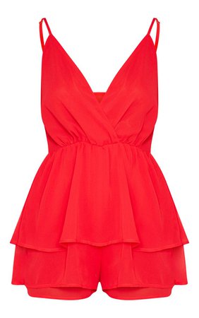 Red Frill Layer Romper | PrettyLittleThing USA