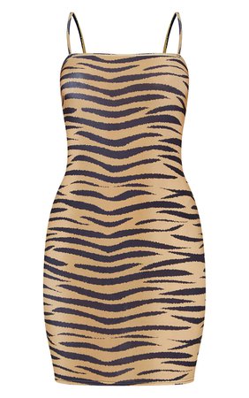Brown Tiger Print Slinky Strappy Bodycon Dress | PrettyLittleThing USA