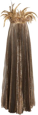 Oscar de la Renta Feather Neckline Metallic Silk-Blend Gown