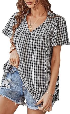 ECOWISH Womens Tops Plaid V Neck Short Sleeve Pleated Casual Blouse Ruffles Loose Fit Gingham Shirt at Amazon Women’s Clothing store