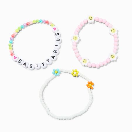 Zodiac Daisy Happy Face Beaded Stretch Bracelets - 3 Pack, Sagittarius | Claire's US