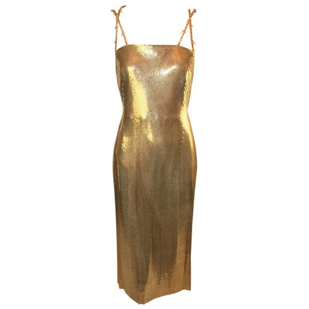 F/W 1998 Gianni Versace Runway Harper's Bazaar Gold Metal Mesh Dress For Sale at 1stDibs