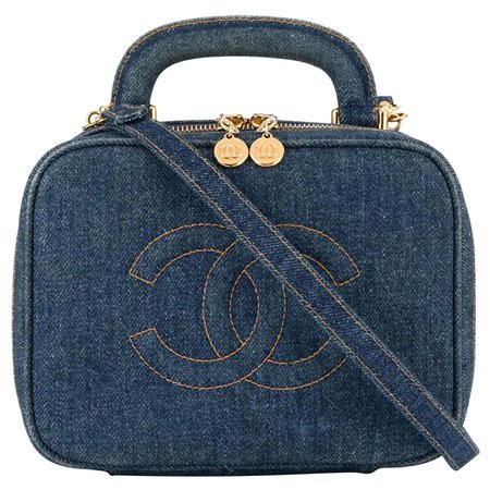 Chanel Vanity Case Rare Vintage Blue Mini Crossbody Black Denim Shoulder Bag For Sale at 1stDibs