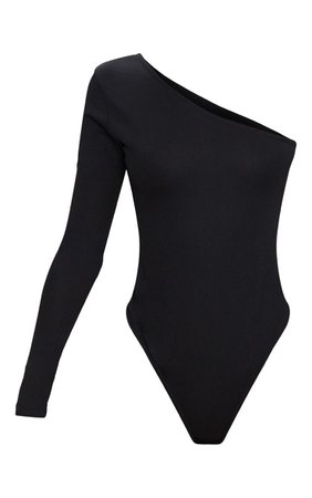Black Stretch Crepe One Shoulder Thong Bodysuit | PrettyLittleThing
